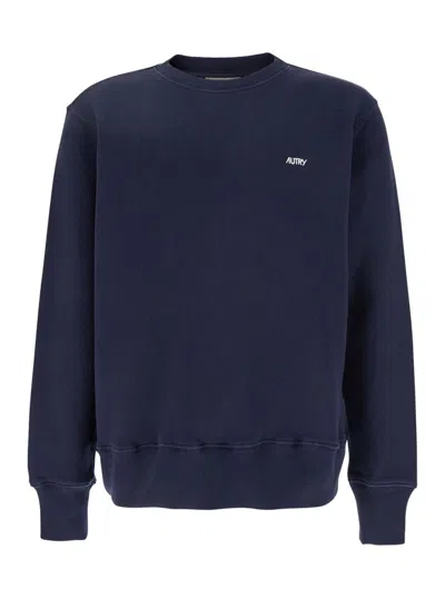 Autry Blue Crewneck Sweater With Logo Embroidered On The Front In Cotton Man