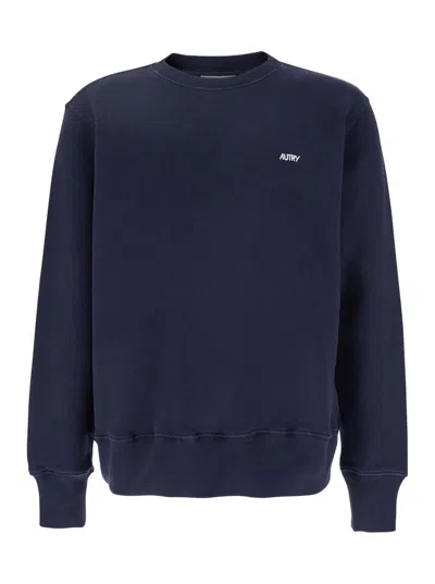 AUTRY BLUE CREWNECK SWEATER WITH LOGO EMBROIDERED ON THE FRONT IN COTTON MAN