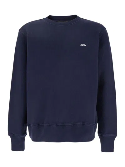 Autry Blue Crewneck Sweater With Logo Embroidered On The Front In Cotton Man