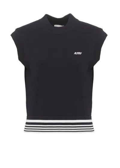 Autry Blue Knitted Viscose Logoed Vest In Black