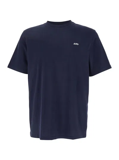Autry Blue Round Neck T-shirt With Logo Embroidered On The Front In Cotton Man In Cotton Blue