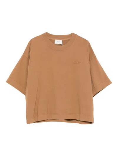 Autry Brown Cotton Embroidered Logo Cropped T-shirt In Multi
