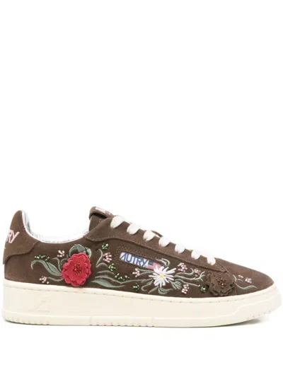 AUTRY BROWN SUEDE SNEAKERS WITH FLORAL EMBROIDERY