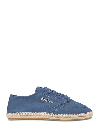 Autry Canvas Lace-up Flat Shoes With Woven Jute Sole In Blue