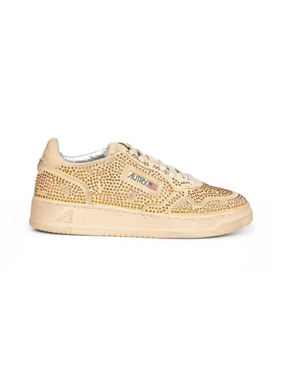 Autry Capsule Yellow Rhinestone Suede Medalist Low Sneakers In Gold