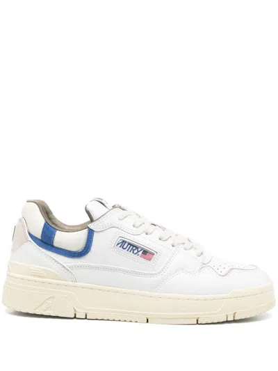 Autry Clc Sneakers In White Calf Leather With Blue Inserts