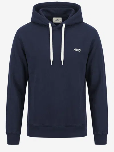 Autry Cotton Hoodie With Contrasting Logo And Drawstring In Blue