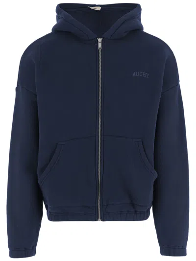 Autry Cotton Zip-up Hoodie With Front Pockets And Embroidered Logo In Blue