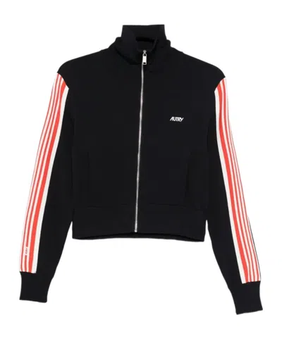 Autry Cropped Zip-up Stripe Sweatshirt In Black