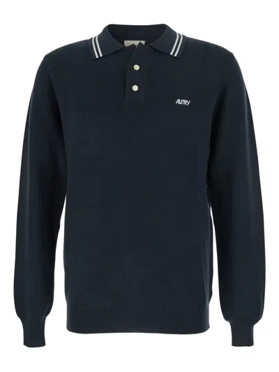 Autry Autumn-ready Merino Wool Knit Polo Shirt In Black