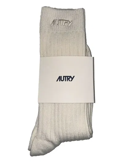 Autry Embroidered Ribbed Socks In Neutral