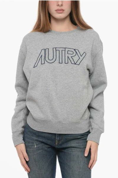 Autry Fleeced Cotton Crew-neck Sweatshirt With Embroidered Logo In Gray