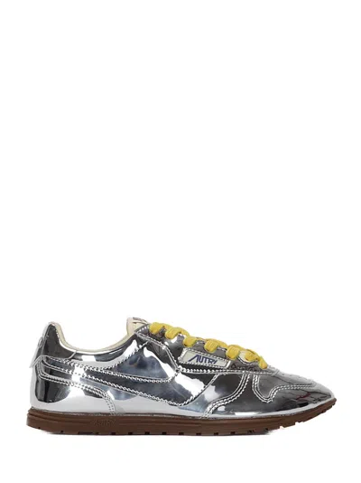 Autry Front Lace Sneakers In Bright Yellow And Shiny Silver In Gray