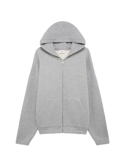 Autry Full-zip Cotton Hoodie With Kangaroo Pocket And Embroidered Logo Patch In Gray