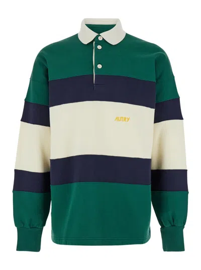 Autry Green Long Sleeve Striped Polo Shirt With Logo In Fabric Man In Multi