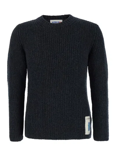 Autry Grey Crewneck Sweater With Logo Patch In Ribbed Wool Man In Black