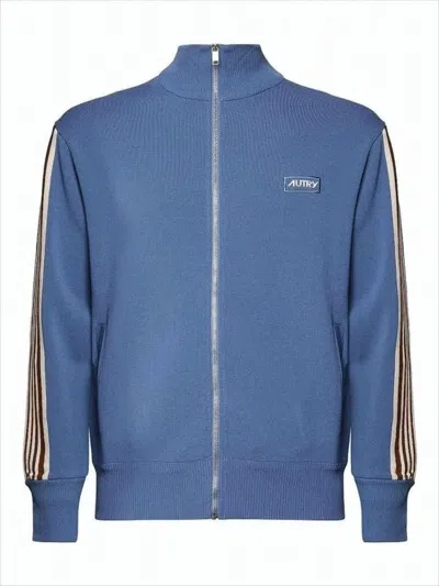 Autry High Collar Zip-up Jacket With Contrasting Stripes In Blue