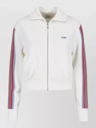 Autry Jacket Striped Sleeves Front Pockets Ribbed Cuffs In White