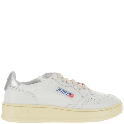 Autry Leather Trainers With Front Lacing And Metallic Heel Tab In White