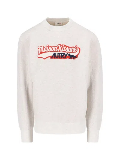Autry Light Grey Cotton Sweatshirt With Embroidered Logo In White