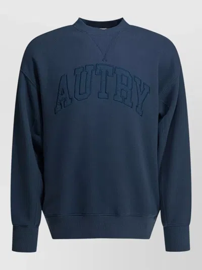 Autry Logo Crew Neck Sweatshirt Ribbed Cuffs Hem In Blue