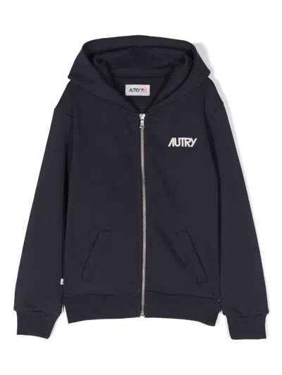 Autry Kids' Logo-embroidered Zipped-up Hoodie In Blue
