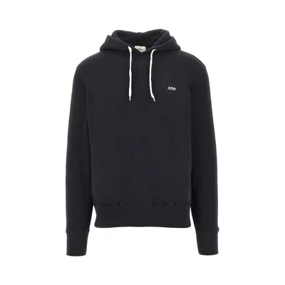 Autry Cotton Hooded Sweatshirt Drawstring Hood Ribbed Trims In Black