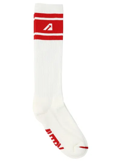 Autry Logo Intarsia Socks In Bianco Rosso