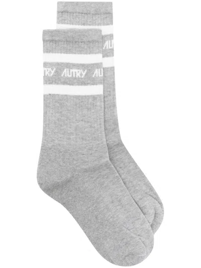 Autry Logo嵌花中筒针织袜 In Gray