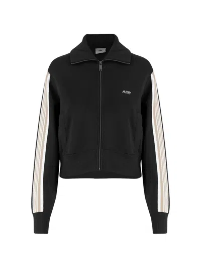 Autry Logo-embroidered Striped-sleeve Sweatshirt In Black
