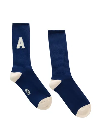 Autry Logo-patch Ribbed-knit Socks In Blue
