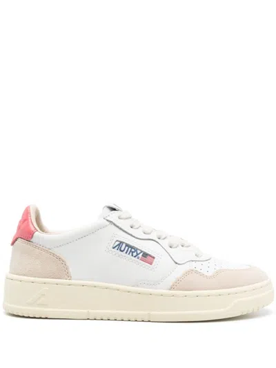 Autry Low Leather And Suede Sneakers With Tearose Accent In White