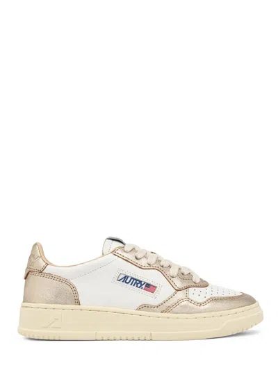 Autry Low-top Leather Sneakers With Metallic Accents In Neutral