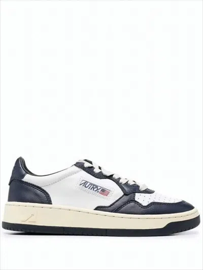 Autry Low-top Leather Sneakers With Navy Overlays And Perforated Details In White