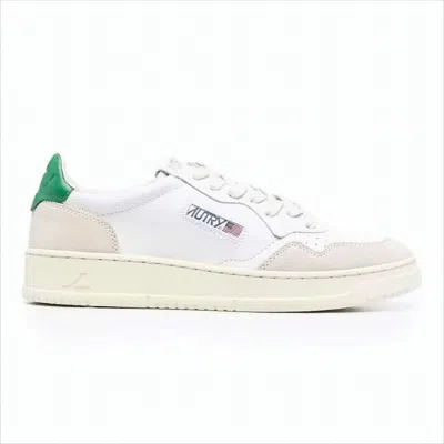 Autry Low-top Sneakers With Beige Suede Overlays And Green Heel Tab In White