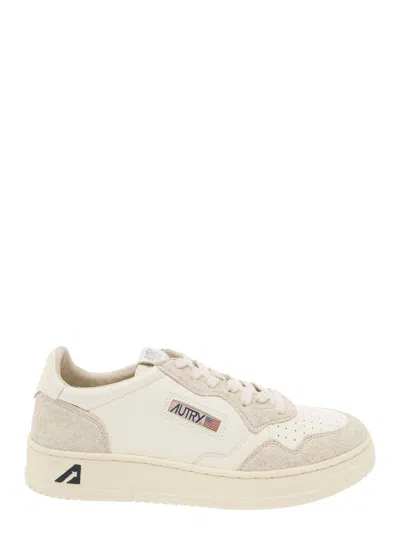 Autry 'medalist' Beige And White Low Top Sneakers With Logo Detail In Leather Man