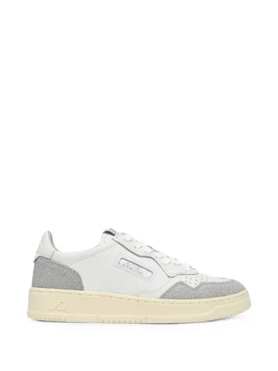 Autry Medalist Low Sneakers In White Leather And Glitter Suede In Animal Print