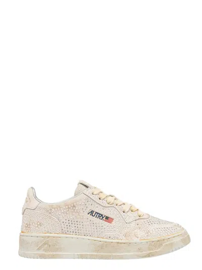Autry Medalist Low Crystal Sneakers In White Micro Rhinestone In Neutral