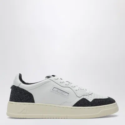 Autry Medalist Low Sneakers In White And Black Leather With Glitter