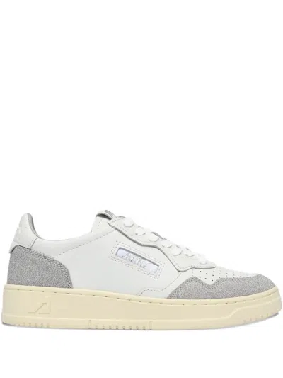 Autry Medalist Low Sneakers In White Leather And Grey Glittered Details Shoes