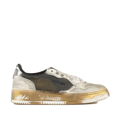 AUTRY AUTRY MEDALIST LOW SUPER VINTAGE GREY WHITE AND GOLD LEATHER AND MESH SNEAKERS