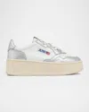 Autry White And Silver Low Top Platform Sneakers With Logo In Whtsilver
