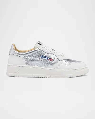 Autry Medalist Low-top Metallic Leather Sneakers In Whtslv