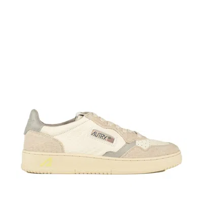 Autry Medalist Low White Leather And Suede Beige Hair Effect Sneakers In White, Gray