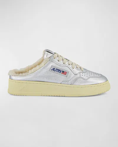 Autry Medalist Metallic Shearling Mule Sneakers In Silver