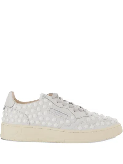 Autry Medalist Perforated Studded Leather Sneakers In Neutral