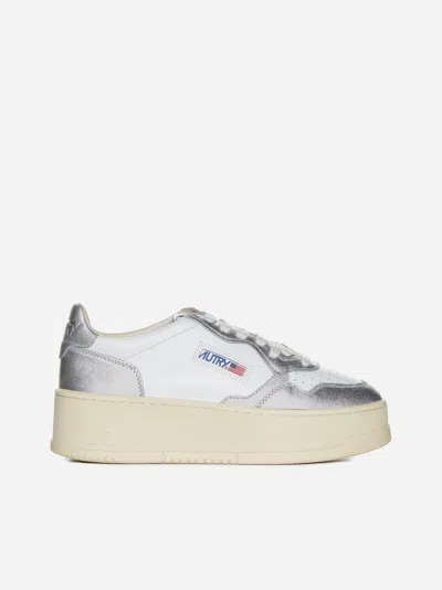 Autry Medalist Platform Leather Trainers In Wht,silver