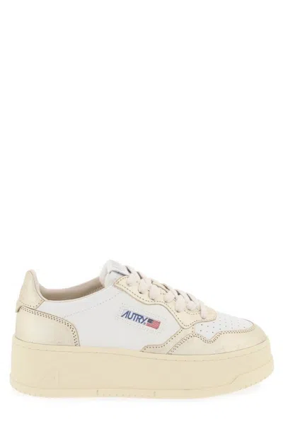 Autry White And Gold Medalist Platform Low Trainers