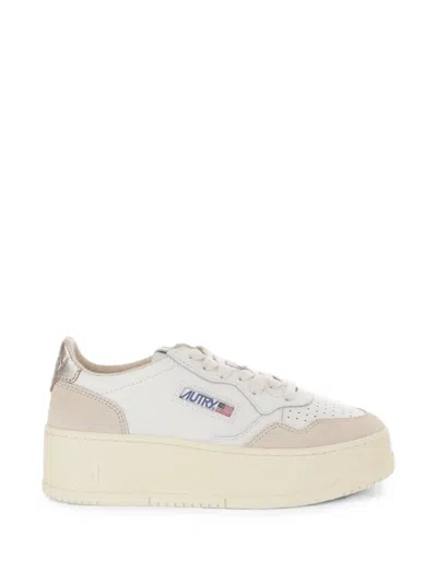 Autry Medalist Platform Sneakers In White And Platinum Suede And Leather In Multi