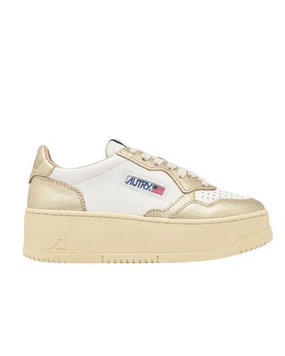 Autry Medalist Platform Sneakers With Padded Collar And Leather Insole In White, Gold